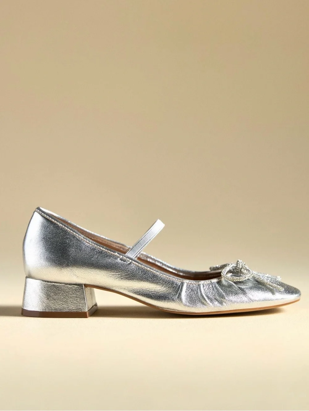 Maeve Silver Ballet flats Mary Jane Low Block Heel Pumps with Decorative Bow